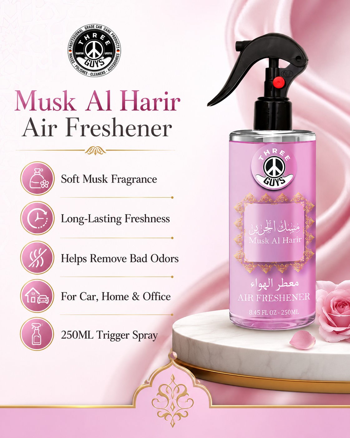 Musk Al Harir Air Freshener Spray | Musk Fragrance Car & Room Freshener | THREE GUYS