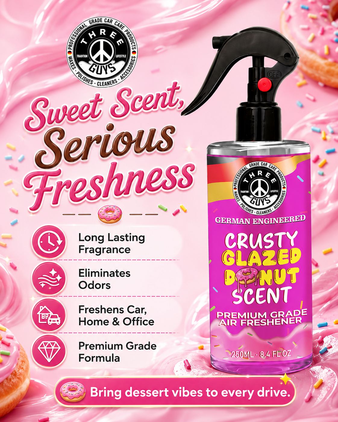 Crusty Glazed Donut Air Freshener Spray | Sweet Car & Room Freshener | THREE GUYS