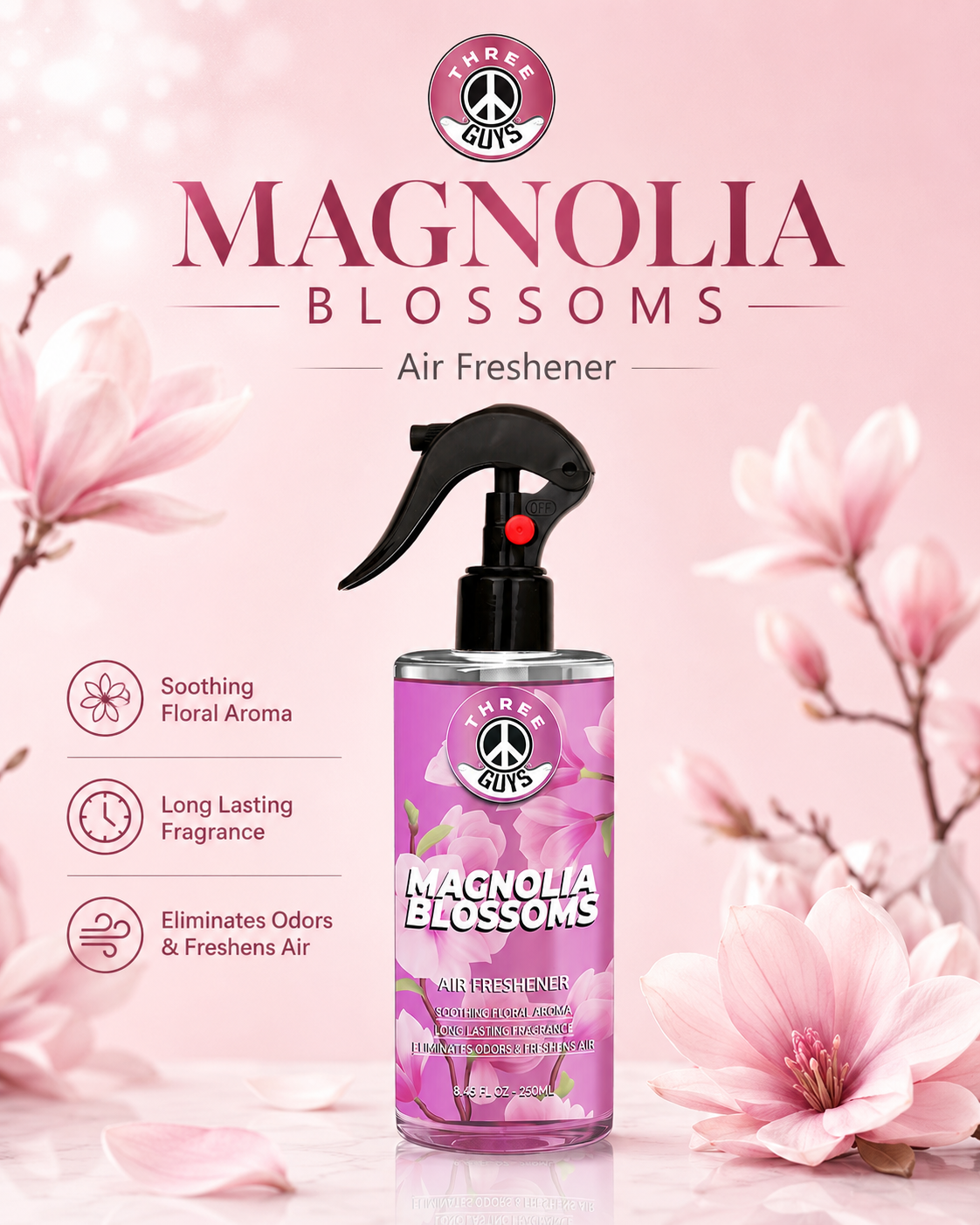 Magnolia Blossoms Air Freshener Spray | Floral Car & Room Freshener | THREE GUYS