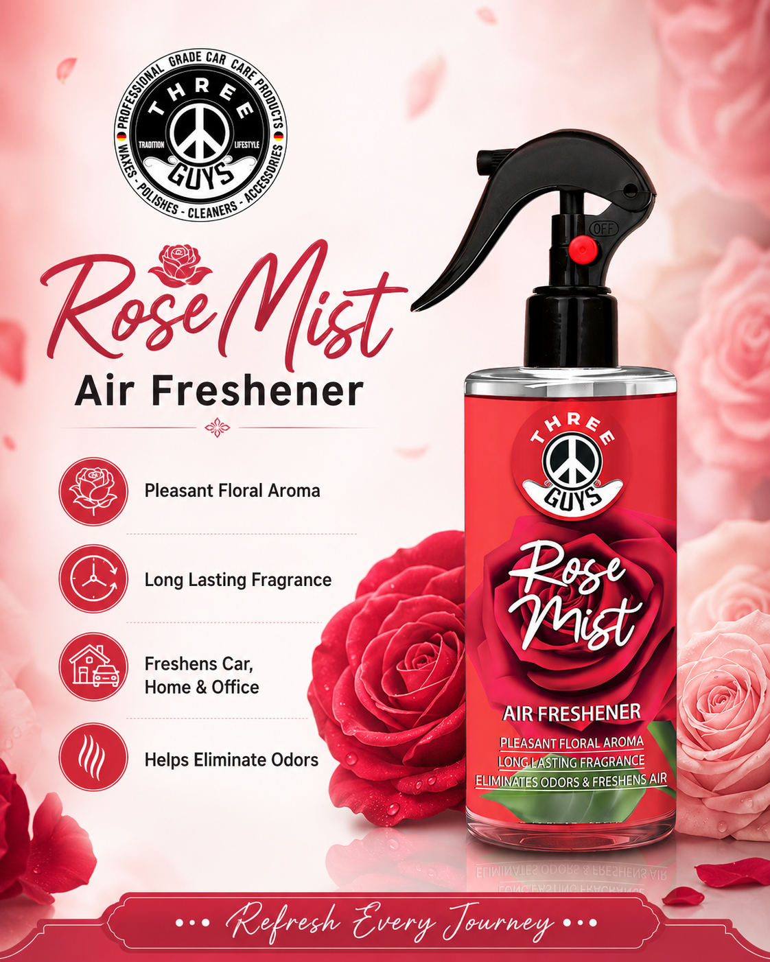 Rose Mist Air Freshener Spray | Floral Car & Room Freshener | THREE GUYS
