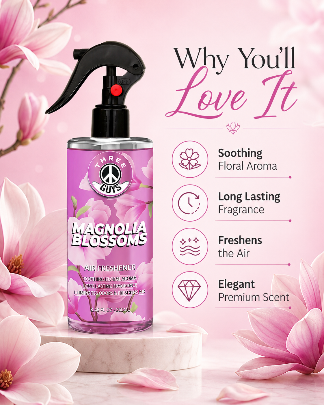 Magnolia Blossoms Air Freshener Spray | Floral Car & Room Freshener | THREE GUYS