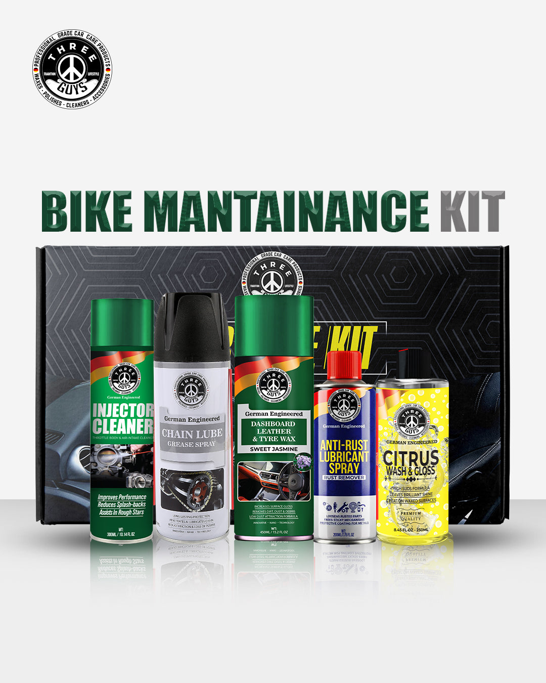 THREE GUYS Bike Maintenance Kit – 5-Piece Motorcycle Care Set