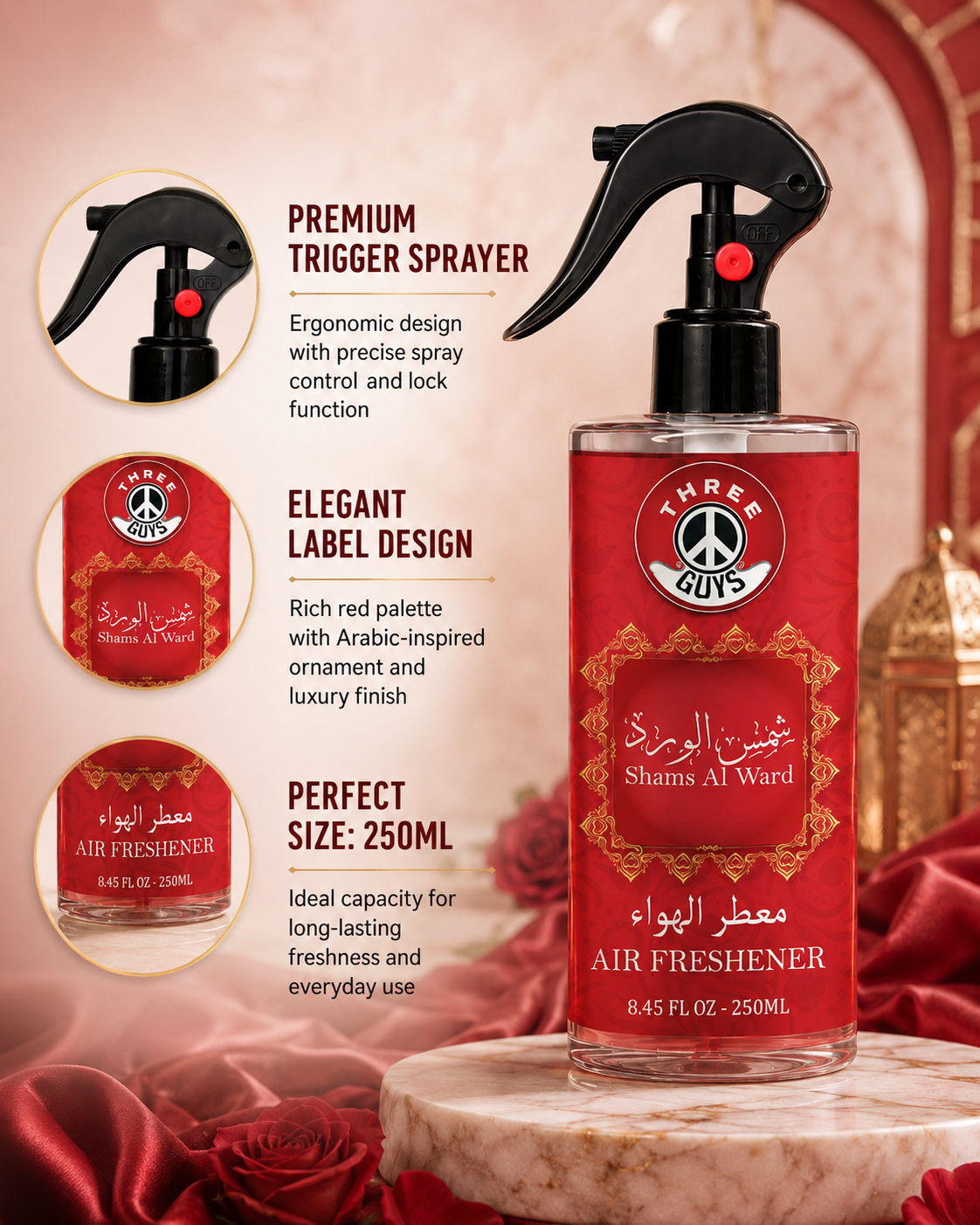 Shams Al Ward Air Freshener Spray | Rose Fragrance Car & Room Freshener | THREE GUYS