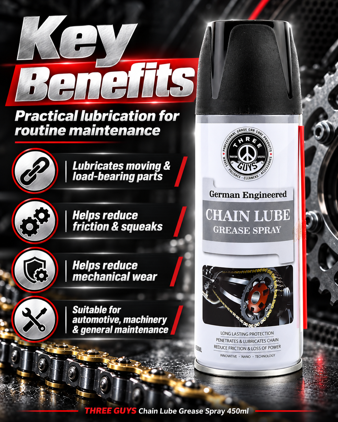 THREE GUYS Chain Lube Grease Spray 450ml – High-Performance Lubricant for Chains, Hinges, Gears & Tools – Anti-Rust