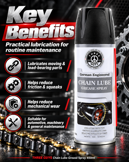 THREE GUYS Chain Lube Grease Spray 450ml – High-Performance Lubricant for Chains, Hinges, Gears & Tools – Anti-Rust