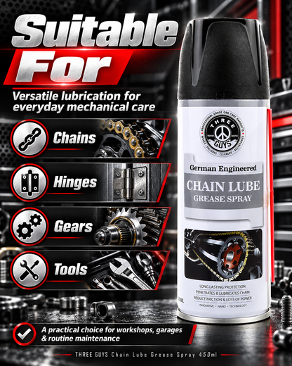 THREE GUYS Chain Lube Grease Spray 450ml – High-Performance Lubricant for Chains, Hinges, Gears & Tools – Anti-Rust