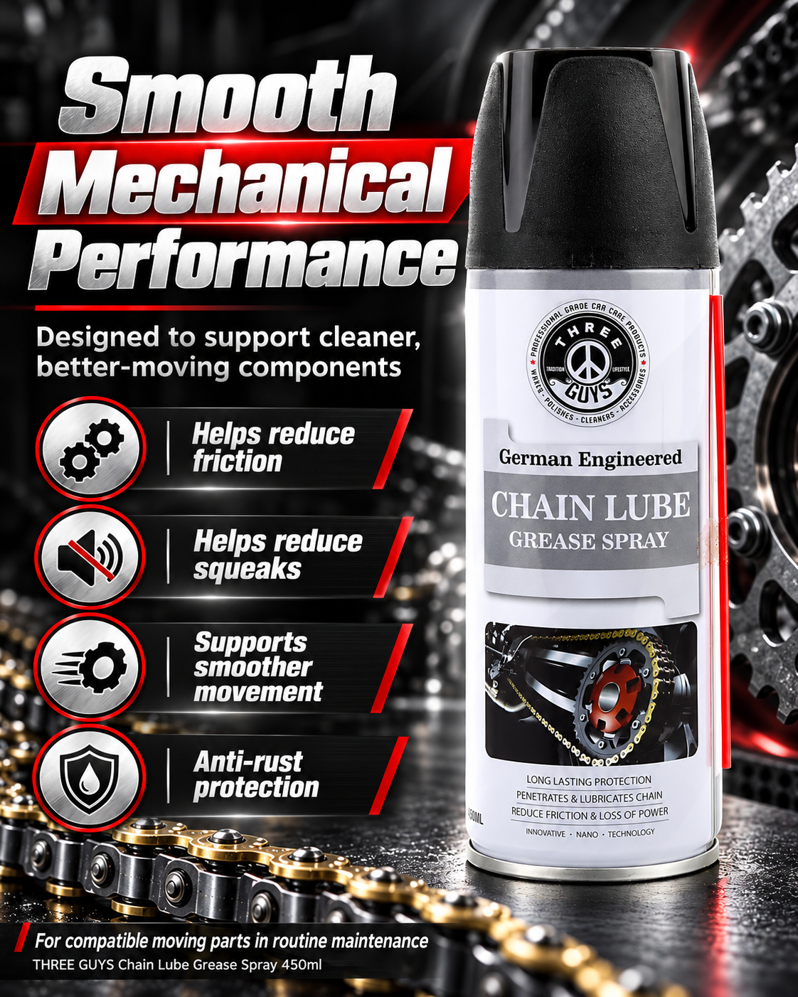 THREE GUYS Chain Lube Grease Spray 450ml – High-Performance Lubricant for Chains, Hinges, Gears & Tools – Anti-Rust