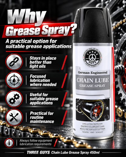 THREE GUYS Chain Lube Grease Spray 450ml – High-Performance Lubricant for Chains, Hinges, Gears & Tools – Anti-Rust