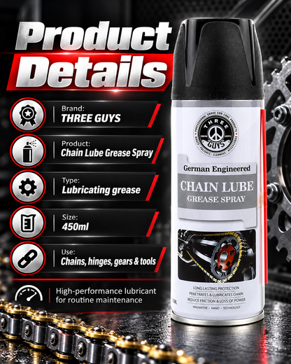 THREE GUYS Chain Lube Grease Spray 450ml – High-Performance Lubricant for Chains, Hinges, Gears & Tools – Anti-Rust