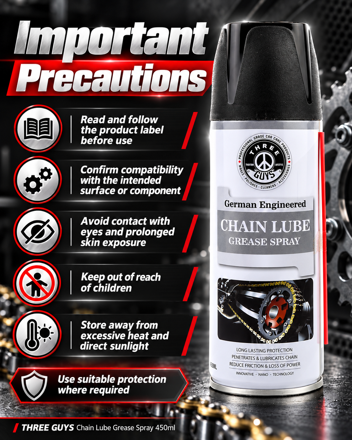 THREE GUYS Chain Lube Grease Spray 450ml – High-Performance Lubricant for Chains, Hinges, Gears & Tools – Anti-Rust