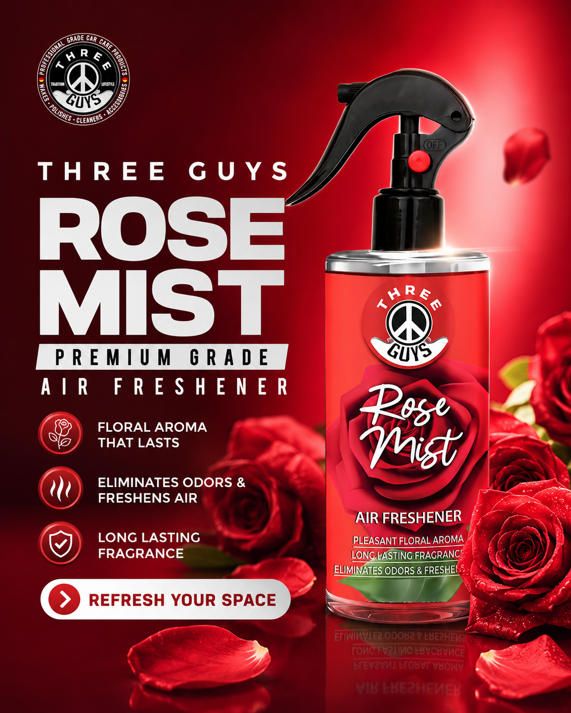 Rose Mist Air Freshener Spray | Floral Car & Room Freshener | THREE GUYS