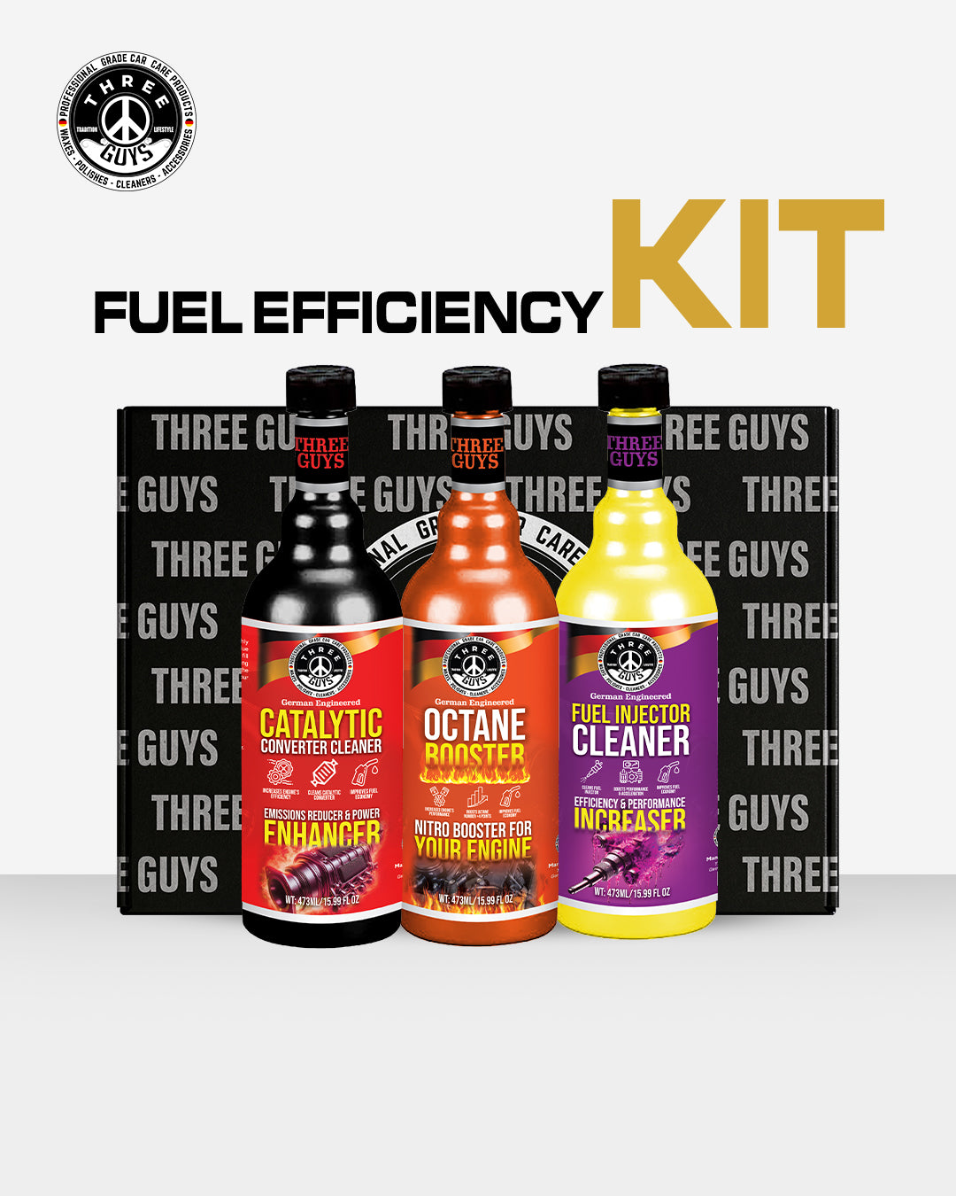 THREE GUYS Fuel Efficiency Kit – Octane Booster, Injector & Catalytic Cleaner, 3 × 473ml
