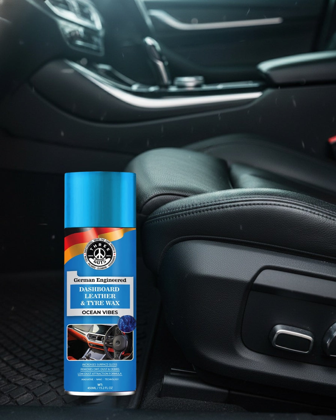 THREE GUYS Dashboard Leather & Tyre Wax (450ml) – Ocean Vibes Fragrance | UV Protection & Dust Repellent | German Engineered