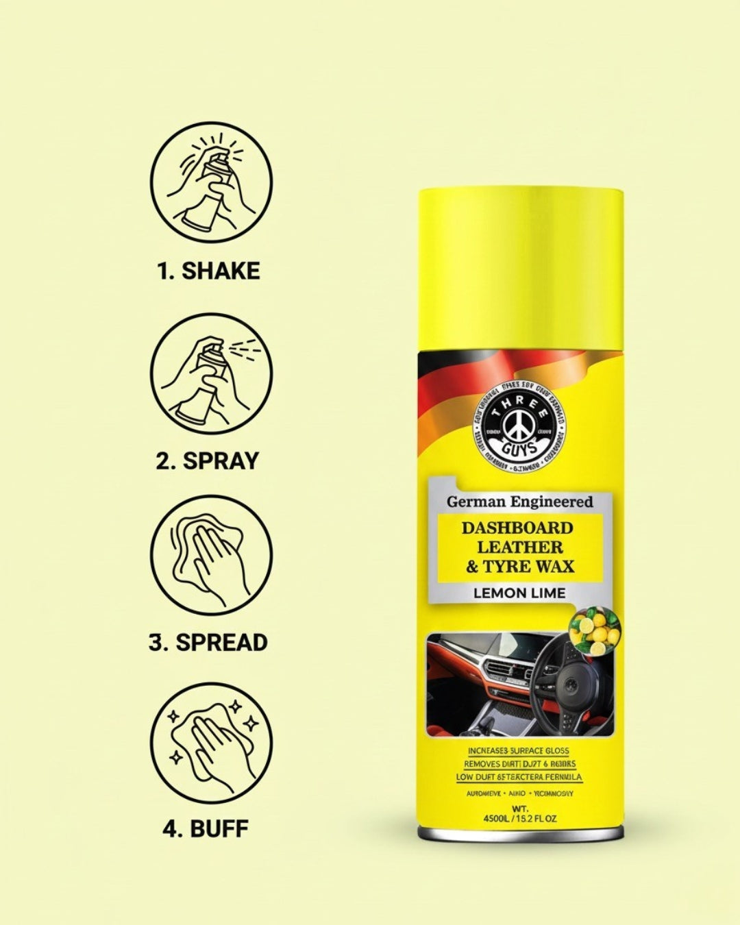 THREE GUYS Dashboard Leather & Tyre Wax (450ml) – Lemon Lime Fragrance | UV Protection & Dust Repellent | German Engineered
