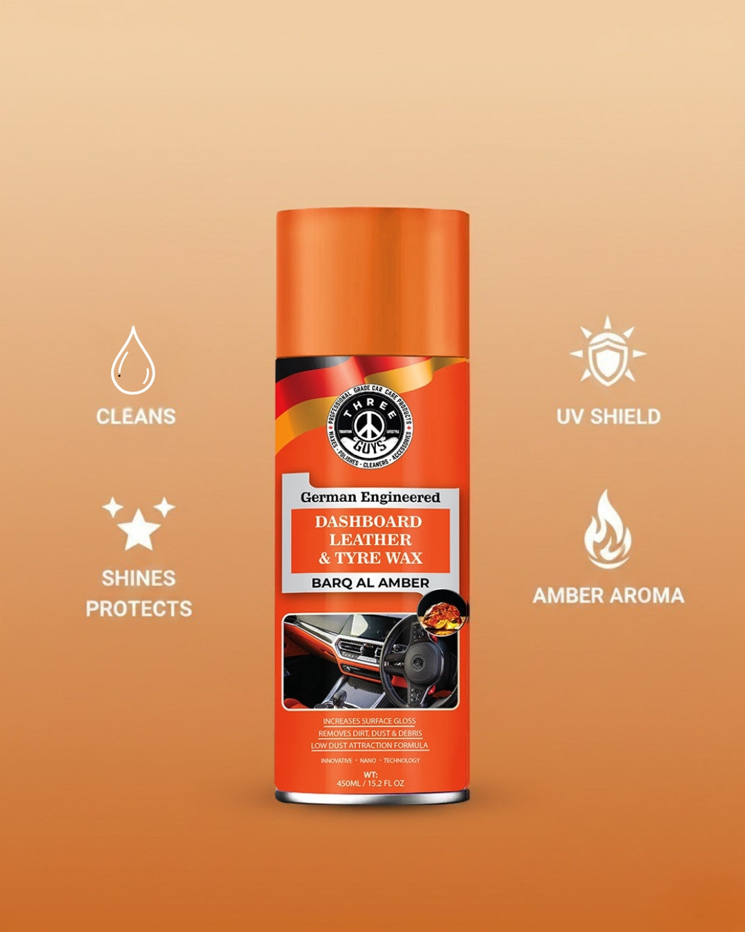 Dashboard Leather & Tyre Wax (450ml) – Barq Al Amber Fragrance | UV Protection & Dust Repellent | THREE GUYS German Engineered