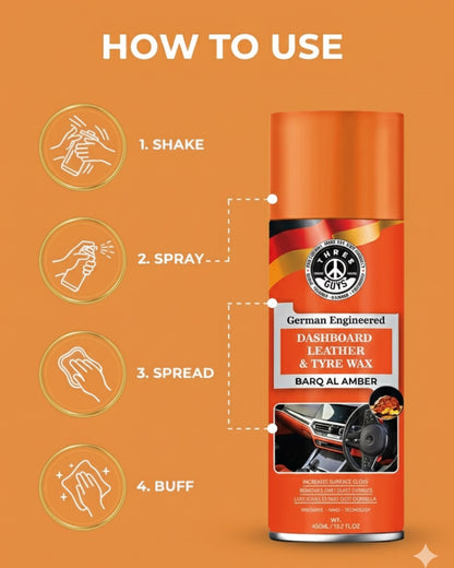 Dashboard Leather & Tyre Wax (450ml) – Barq Al Amber Fragrance | UV Protection & Dust Repellent | THREE GUYS German Engineered