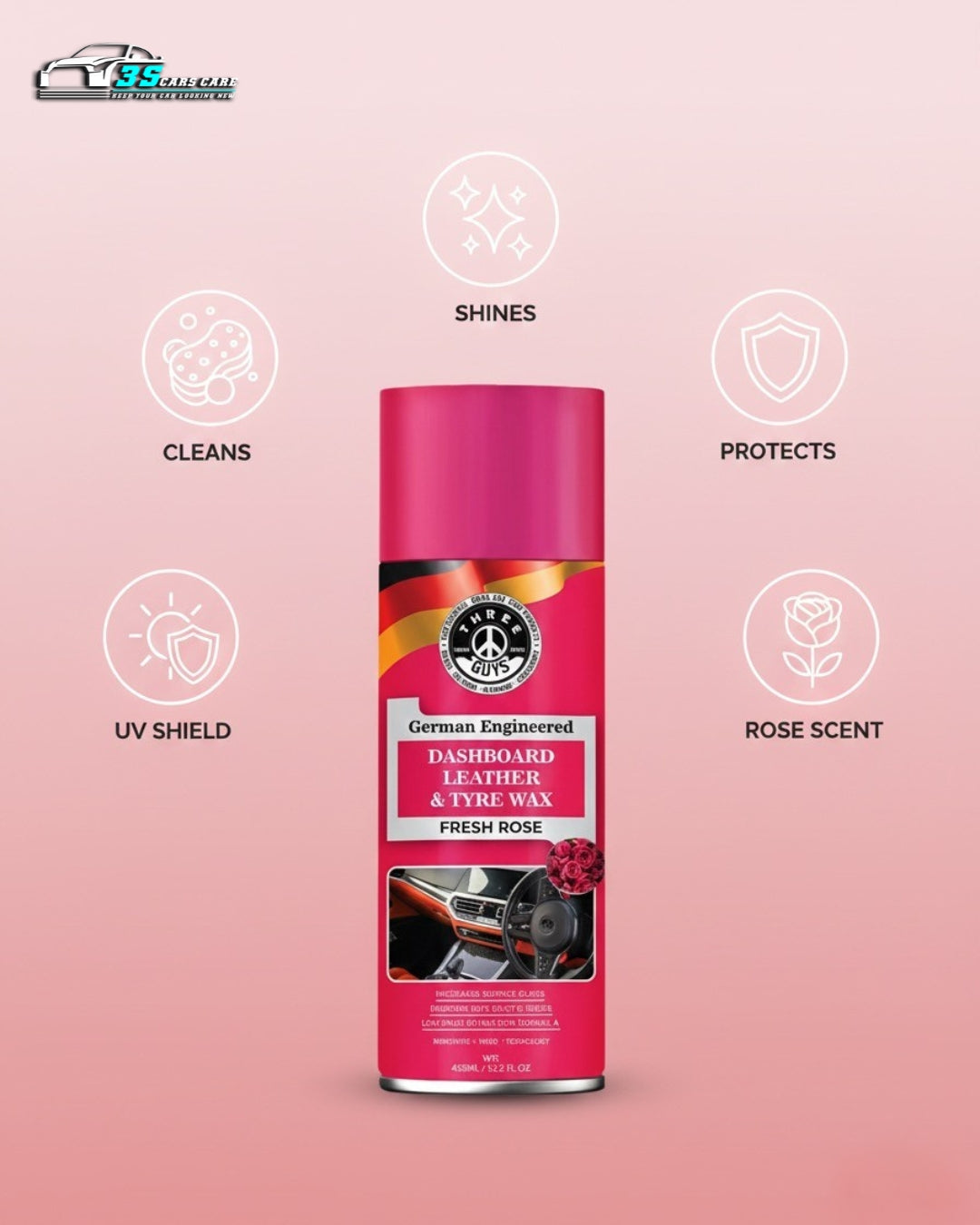 Dashboard Leather & Tyre Wax (450ml) – Fresh Rose Fragrance | UV Protection & Dust Repellent | THREE GUYS German Engineered