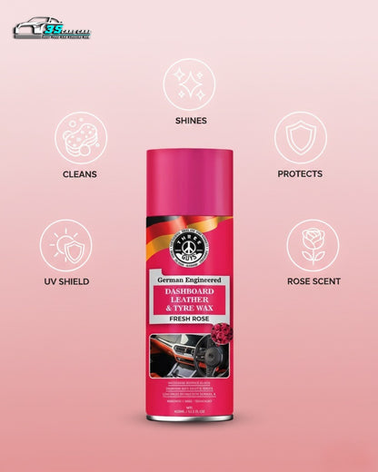 Dashboard Leather & Tyre Wax (450ml) – Fresh Rose Fragrance | UV Protection & Dust Repellent | THREE GUYS German Engineered