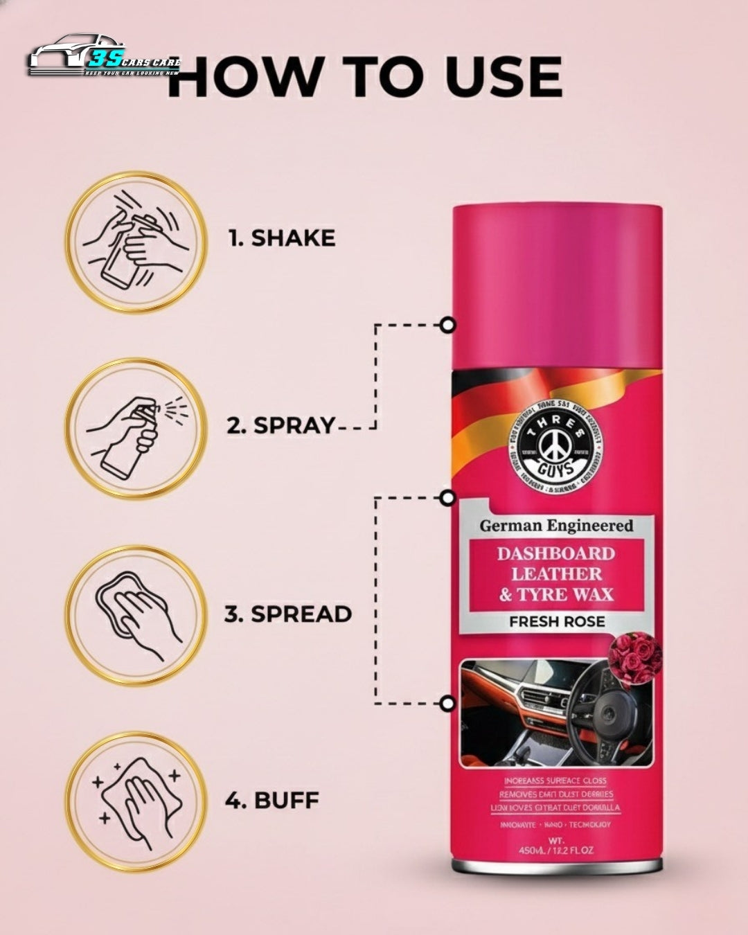 Dashboard Leather & Tyre Wax (450ml) – Fresh Rose Fragrance | UV Protection & Dust Repellent | THREE GUYS German Engineered