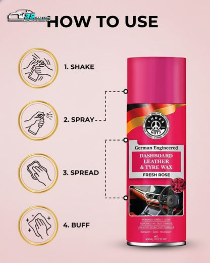 Dashboard Leather & Tyre Wax (450ml) – Fresh Rose Fragrance | UV Protection & Dust Repellent | THREE GUYS German Engineered