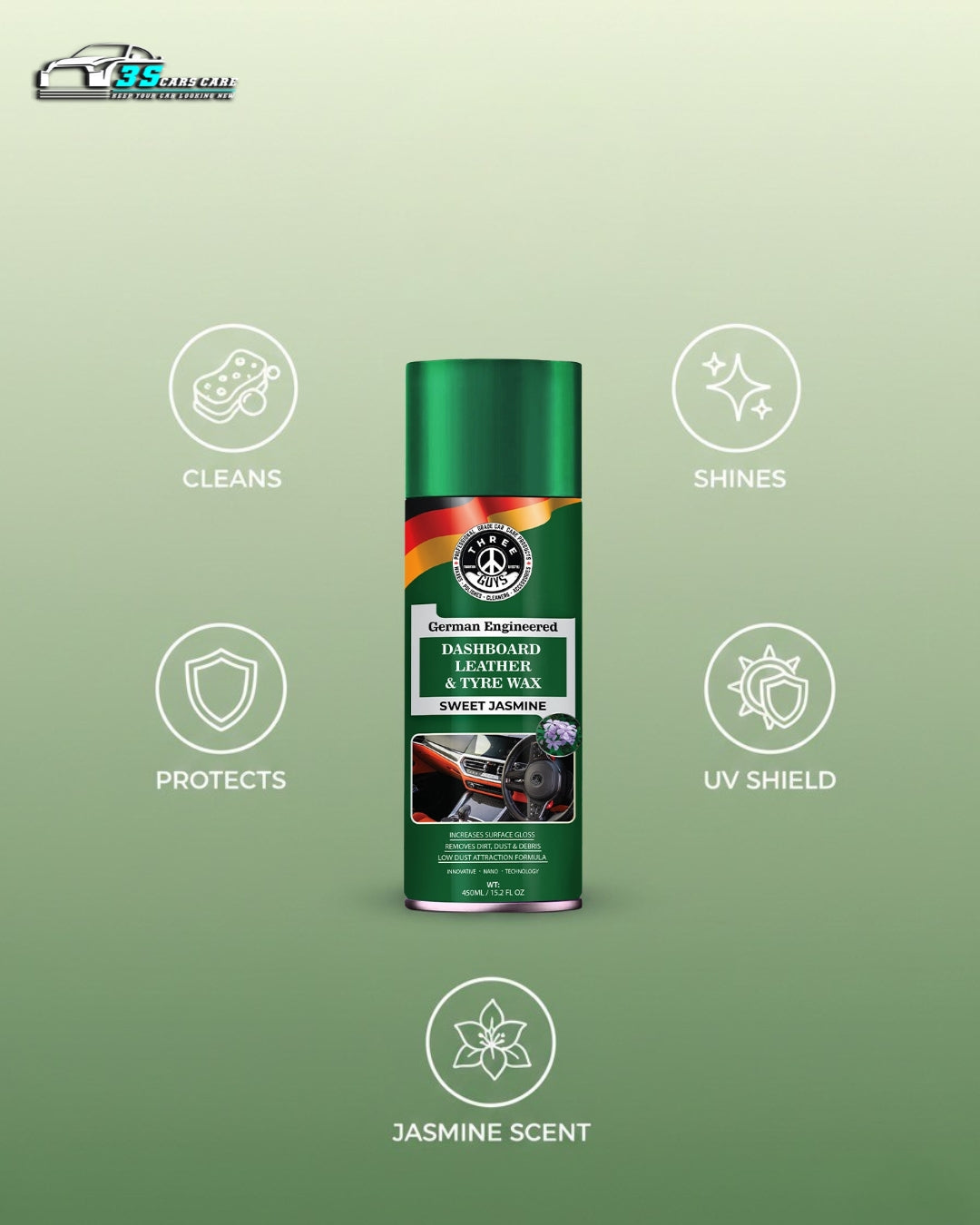 Dashboard Leather & Tyre Wax (450ml) – Sweet Jasmine Fragrance | UV Protection & Dust Repellent | THREE GUYS German Engineered