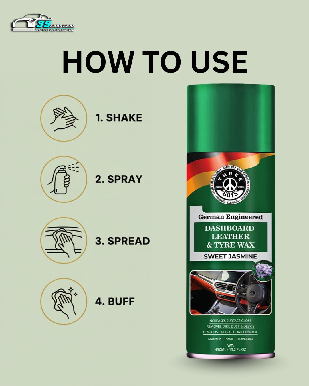 Dashboard Leather & Tyre Wax (450ml) – Sweet Jasmine Fragrance | UV Protection & Dust Repellent | THREE GUYS German Engineered