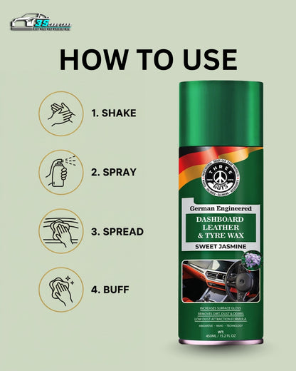 Dashboard Leather & Tyre Wax (450ml) – Sweet Jasmine Fragrance | UV Protection & Dust Repellent | THREE GUYS German Engineered