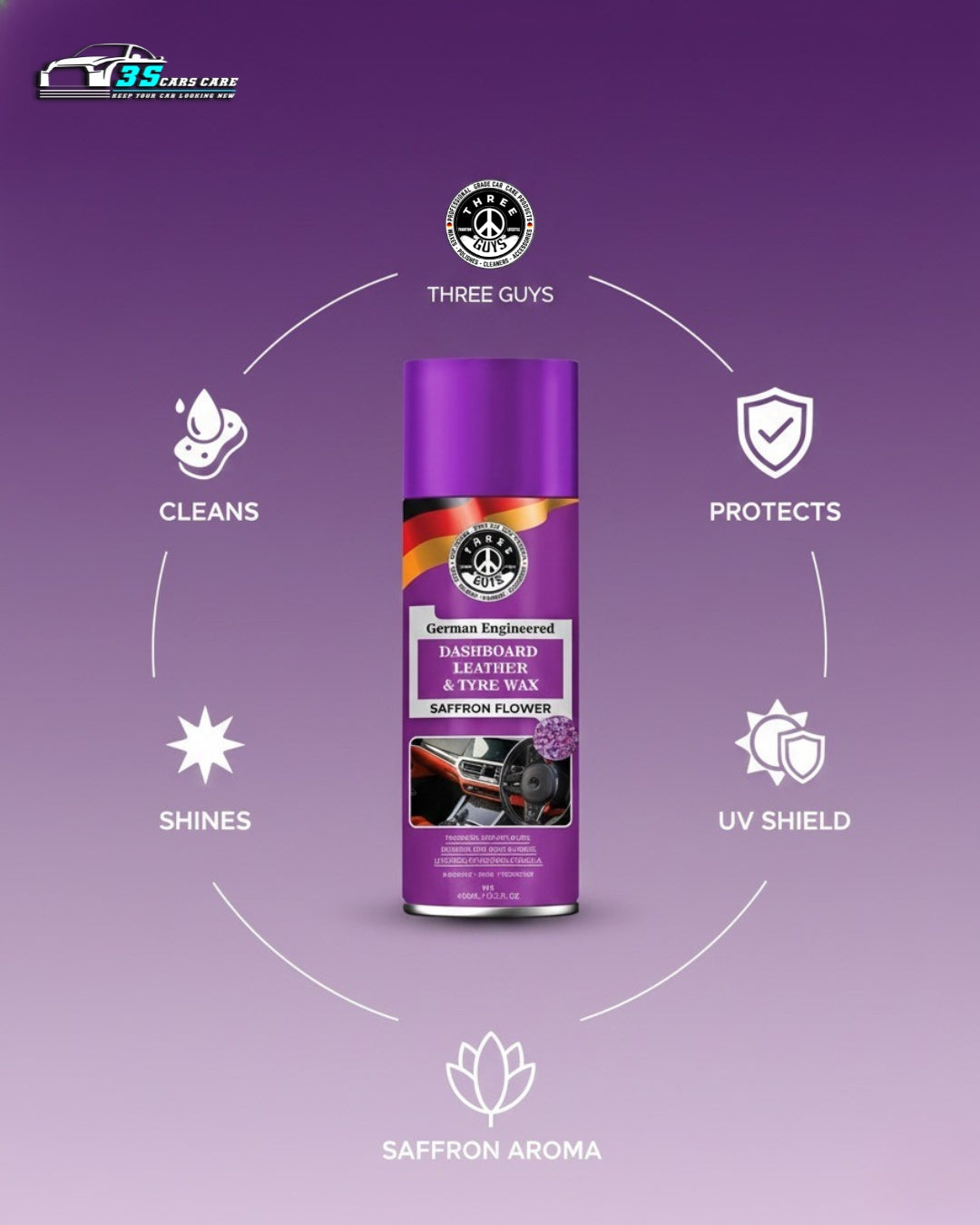 Dashboard Leather & Tyre Wax (450ml) – Saffron Flower Fragrance | UV Protection & Dust Repellent | THREE GUYS German Engineered