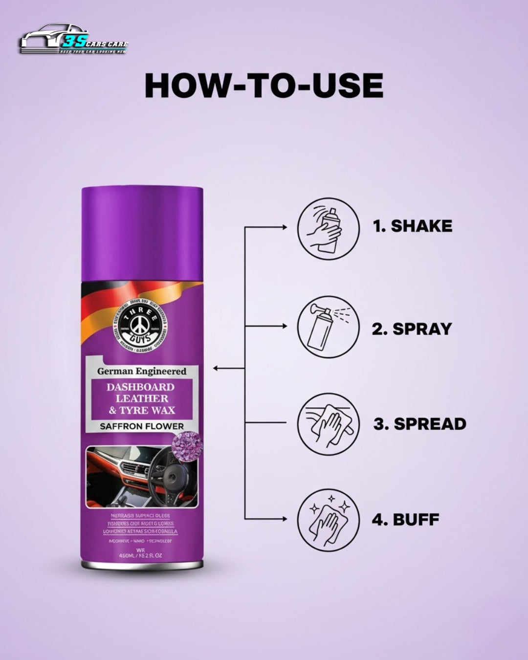 Dashboard Leather & Tyre Wax (450ml) – Saffron Flower Fragrance | UV Protection & Dust Repellent | THREE GUYS German Engineered