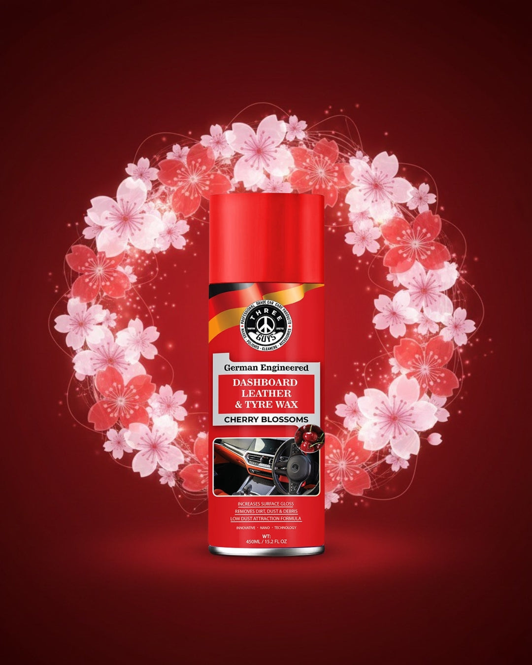 THREE GUYS Dashboard Leather & Tyre Wax (450ml) – Cherry Blossoms Fragrance | UV Protection & Dust Repellent | German Engineered