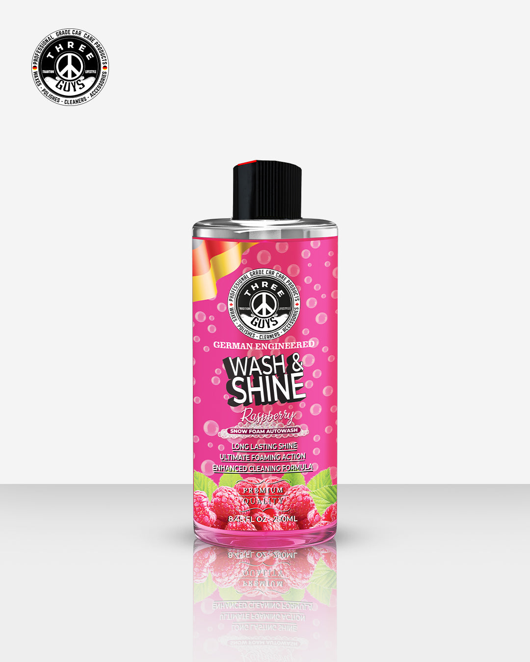 Wash & Shine Shampoo Raspberry – High Foam Car Shampoo | Snow Foam Car Wash Soap | Deep Cleaning & Long-Lasting Gloss | THREE GUYS - German Engineered
