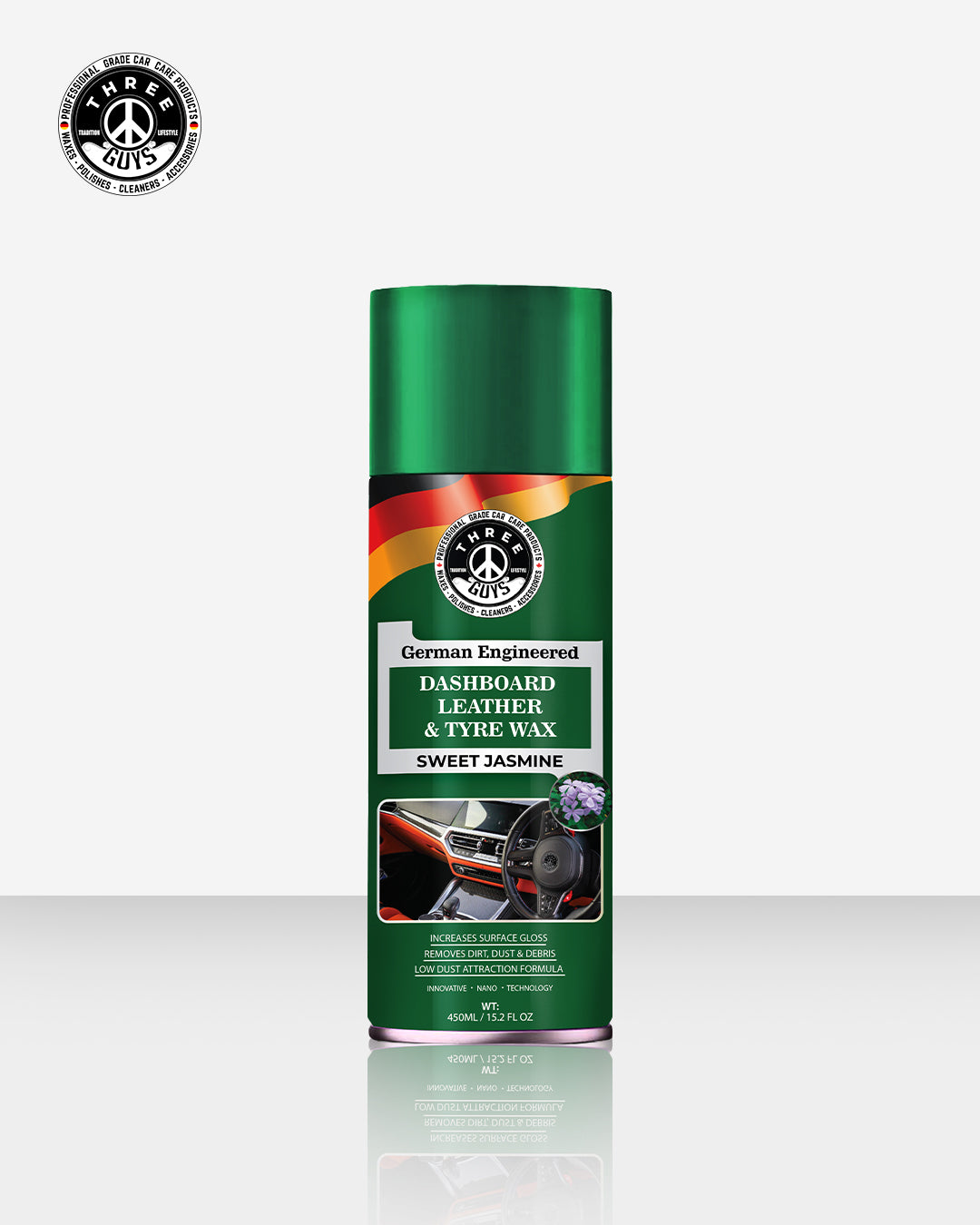 Dashboard Leather & Tyre Wax (450ml) – Sweet Jasmine Fragrance | UV Protection & Dust Repellent | THREE GUYS German Engineered