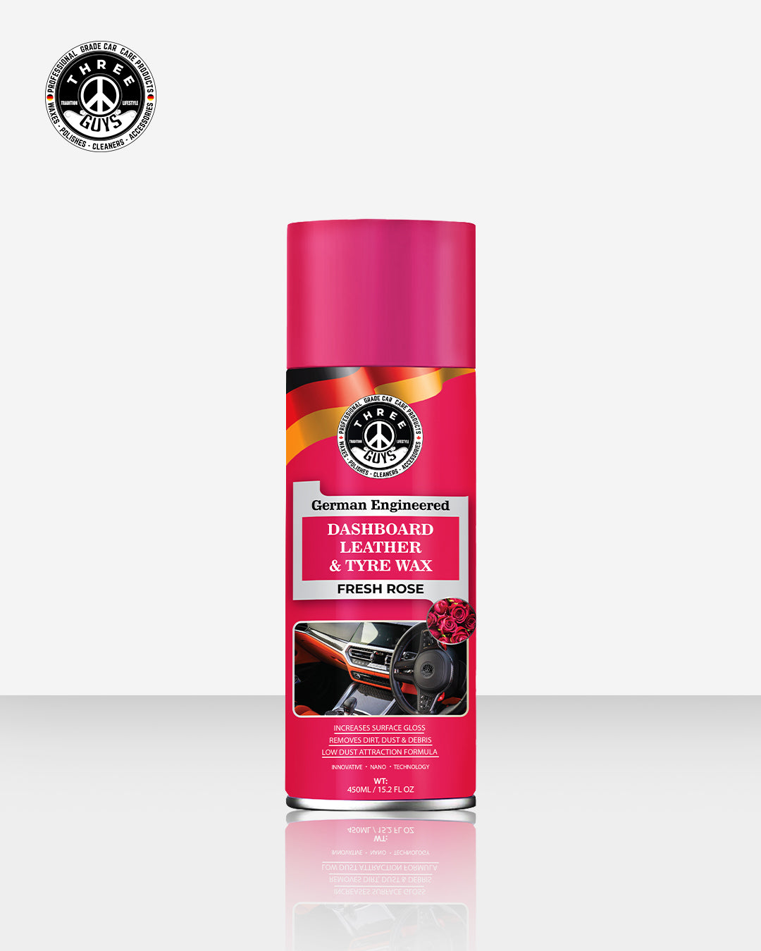 Dashboard Leather & Tyre Wax (450ml) – Fresh Rose Fragrance | UV Protection & Dust Repellent | THREE GUYS German Engineered