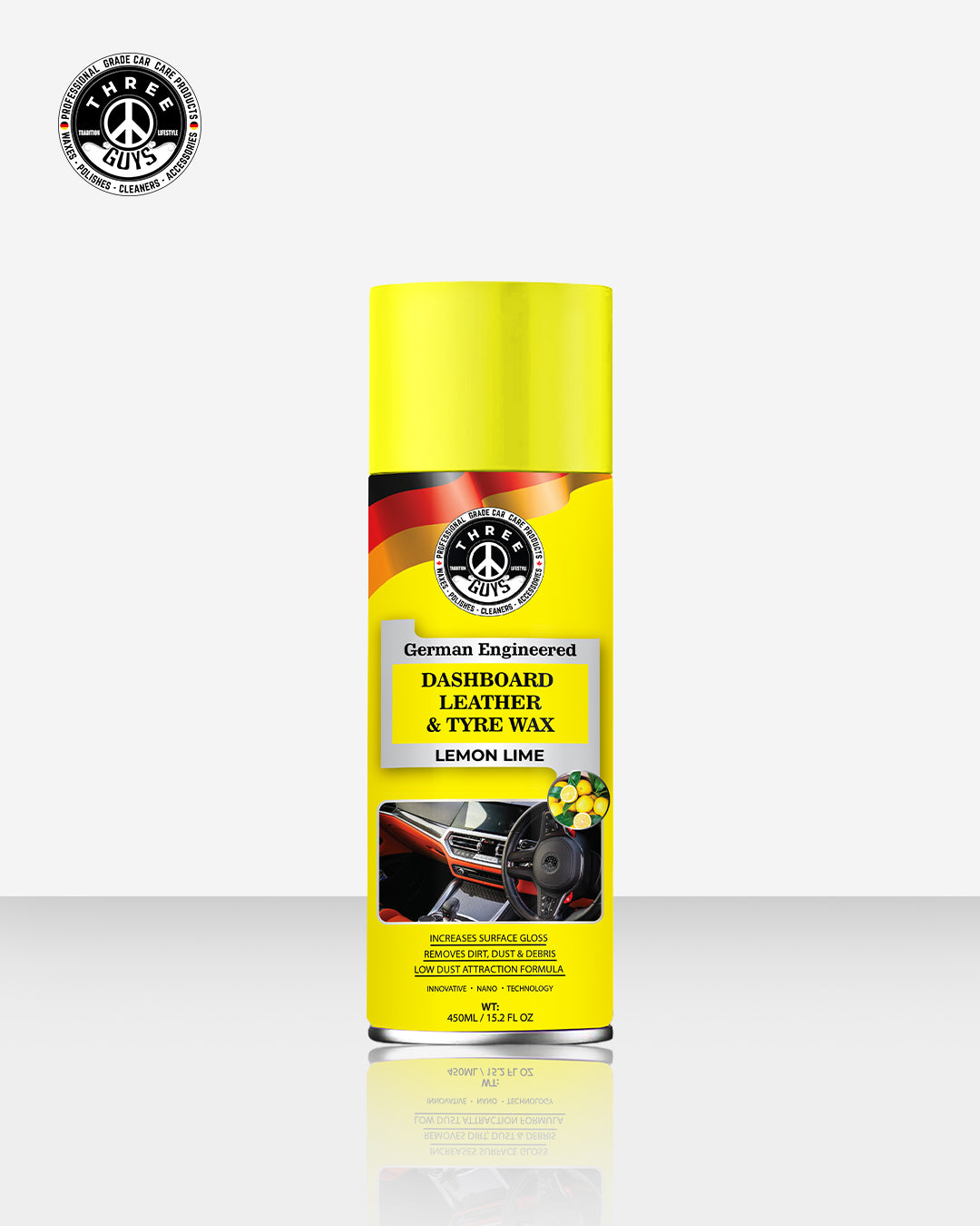 THREE GUYS Dashboard Leather & Tyre Wax (450ml) – Lemon Lime Fragrance | UV Protection & Dust Repellent | German Engineered