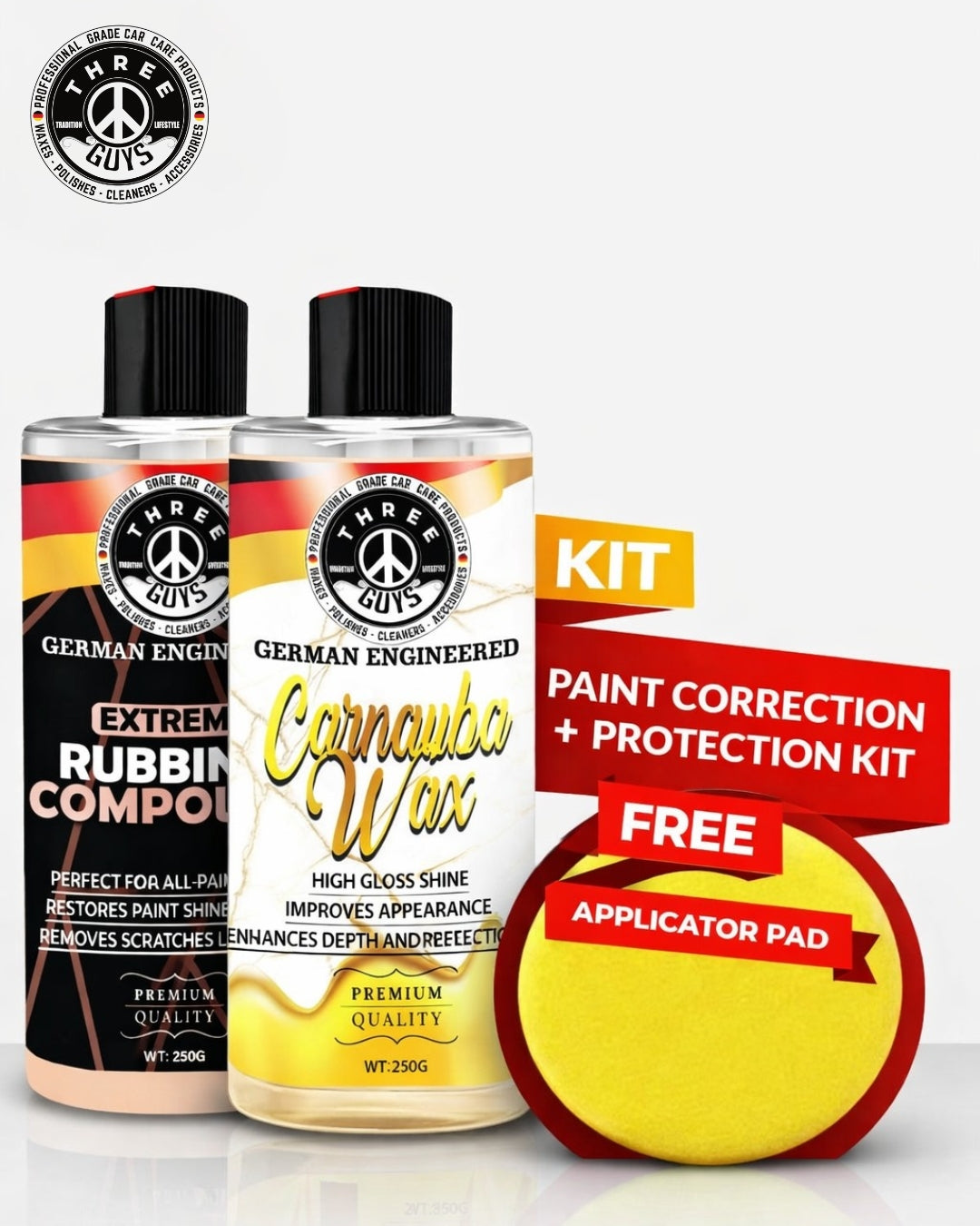 Paint Correction & Protection Kit | THREE GUYS | Extreme Rubbing Compound + Carnauba Wax | Free Applicator Pad (250g x 2)