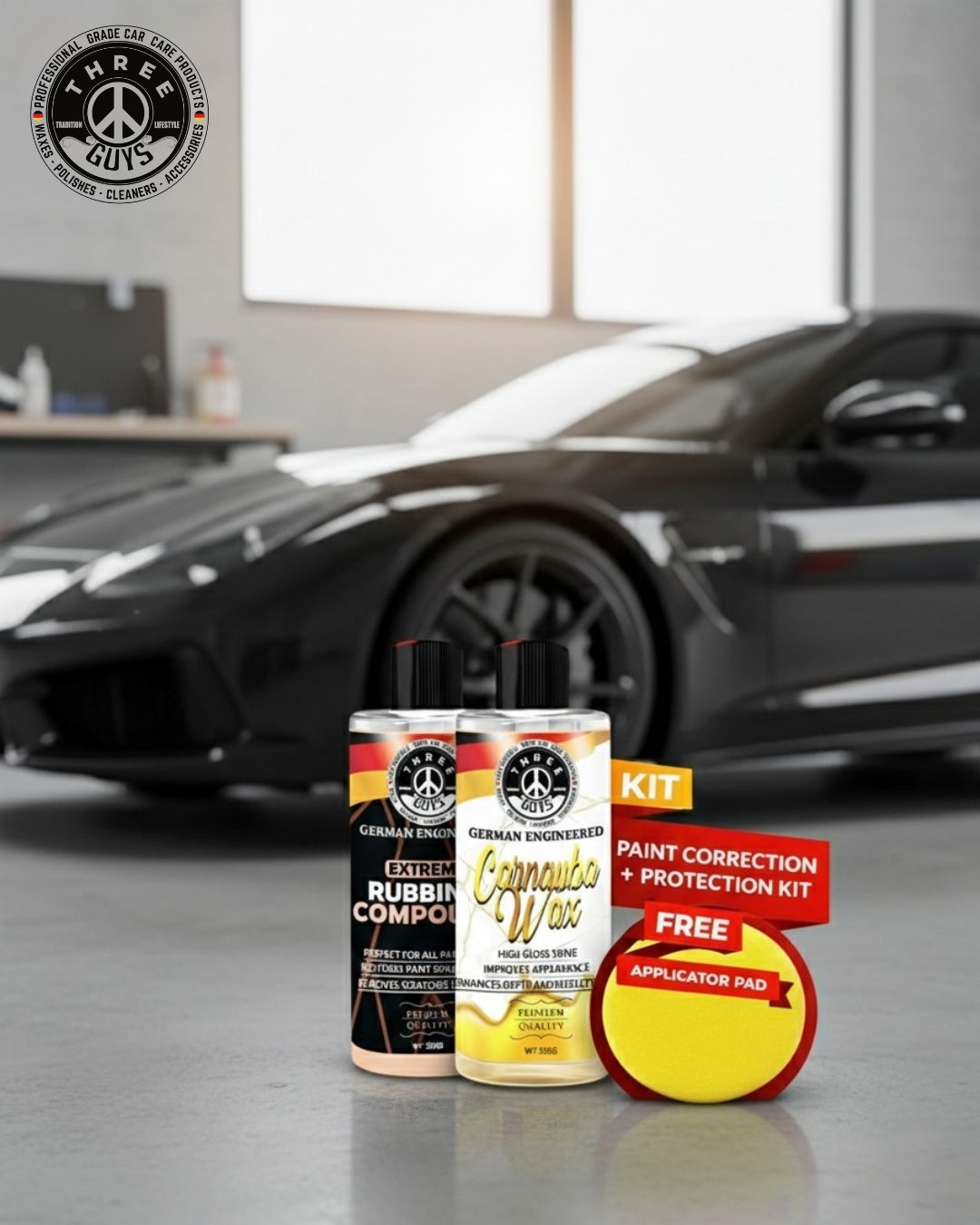 Paint Correction & Protection Kit | THREE GUYS | Extreme Rubbing Compound + Carnauba Wax | Free Applicator Pad (250g x 2)