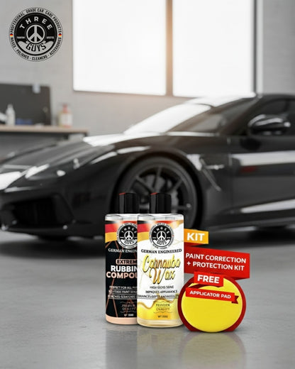 Paint Correction & Protection Kit | THREE GUYS | Extreme Rubbing Compound + Carnauba Wax | Free Applicator Pad (250g x 2)