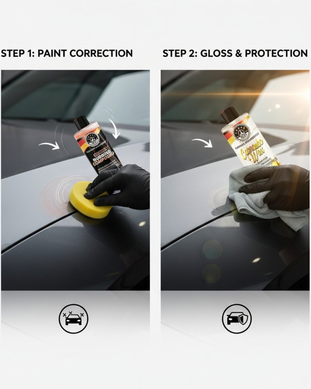 Paint Correction & Protection Kit | THREE GUYS | Extreme Rubbing Compound + Carnauba Wax | Free Applicator Pad (250g x 2)