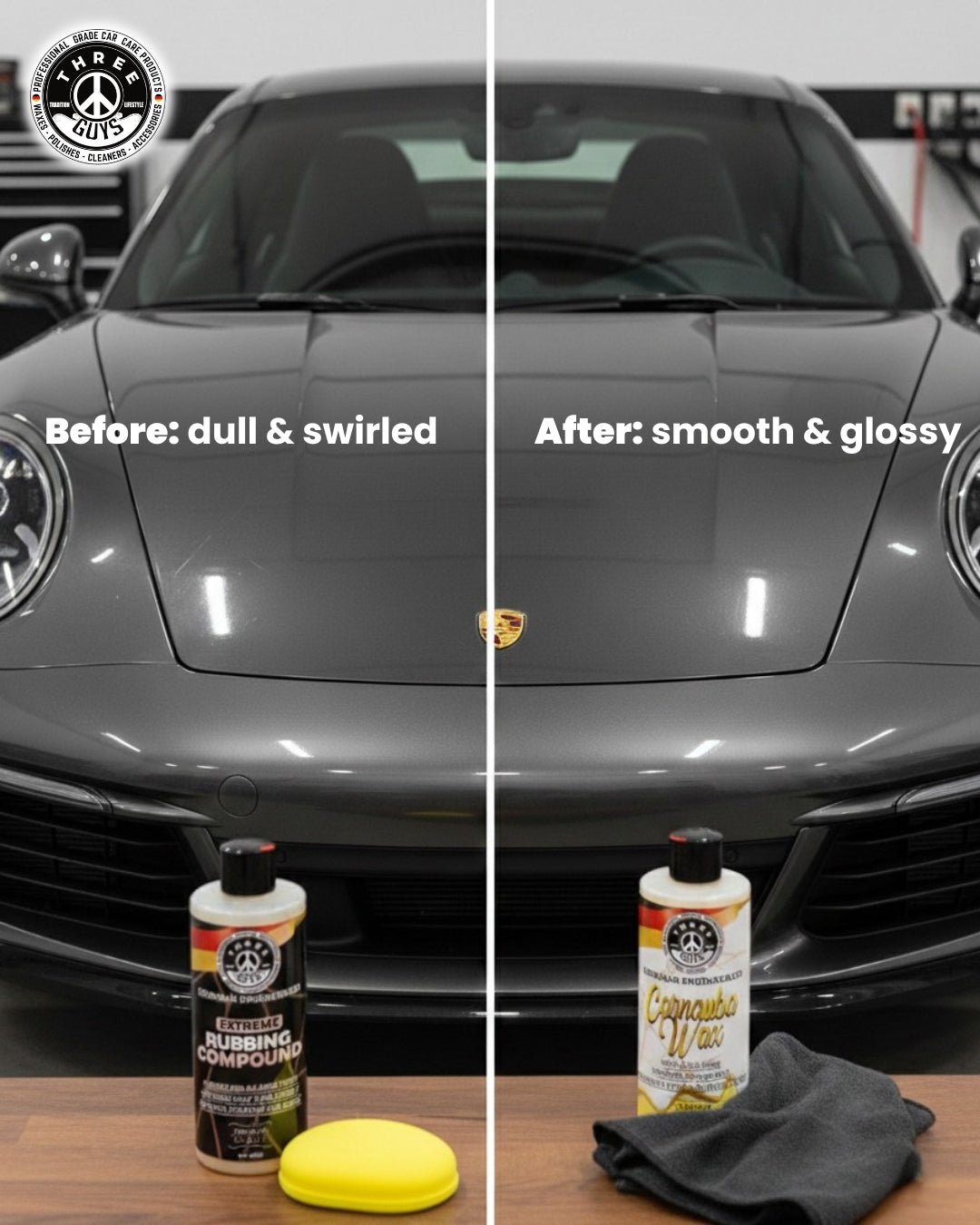 Paint Correction & Protection Kit | THREE GUYS | Extreme Rubbing Compound + Carnauba Wax | Free Applicator Pad (250g x 2)