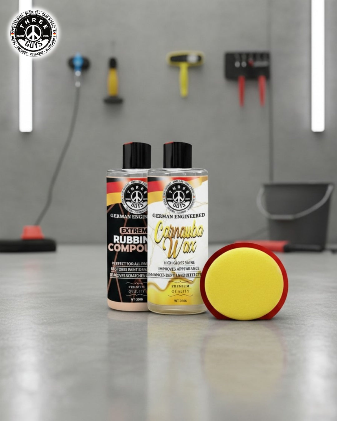 Paint Correction & Protection Kit | THREE GUYS | Extreme Rubbing Compound + Carnauba Wax | Free Applicator Pad (250g x 2)