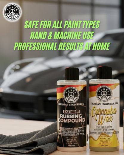 Paint Correction & Protection Kit | THREE GUYS | Extreme Rubbing Compound + Carnauba Wax | Free Applicator Pad (250g x 2)