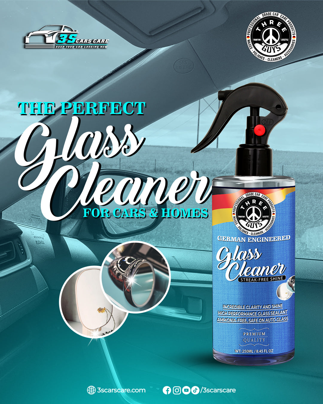 Glass Cleaner Spray – Streak-Free Shine for Car & Home – 250ml | THREE GUYS - German Engineered