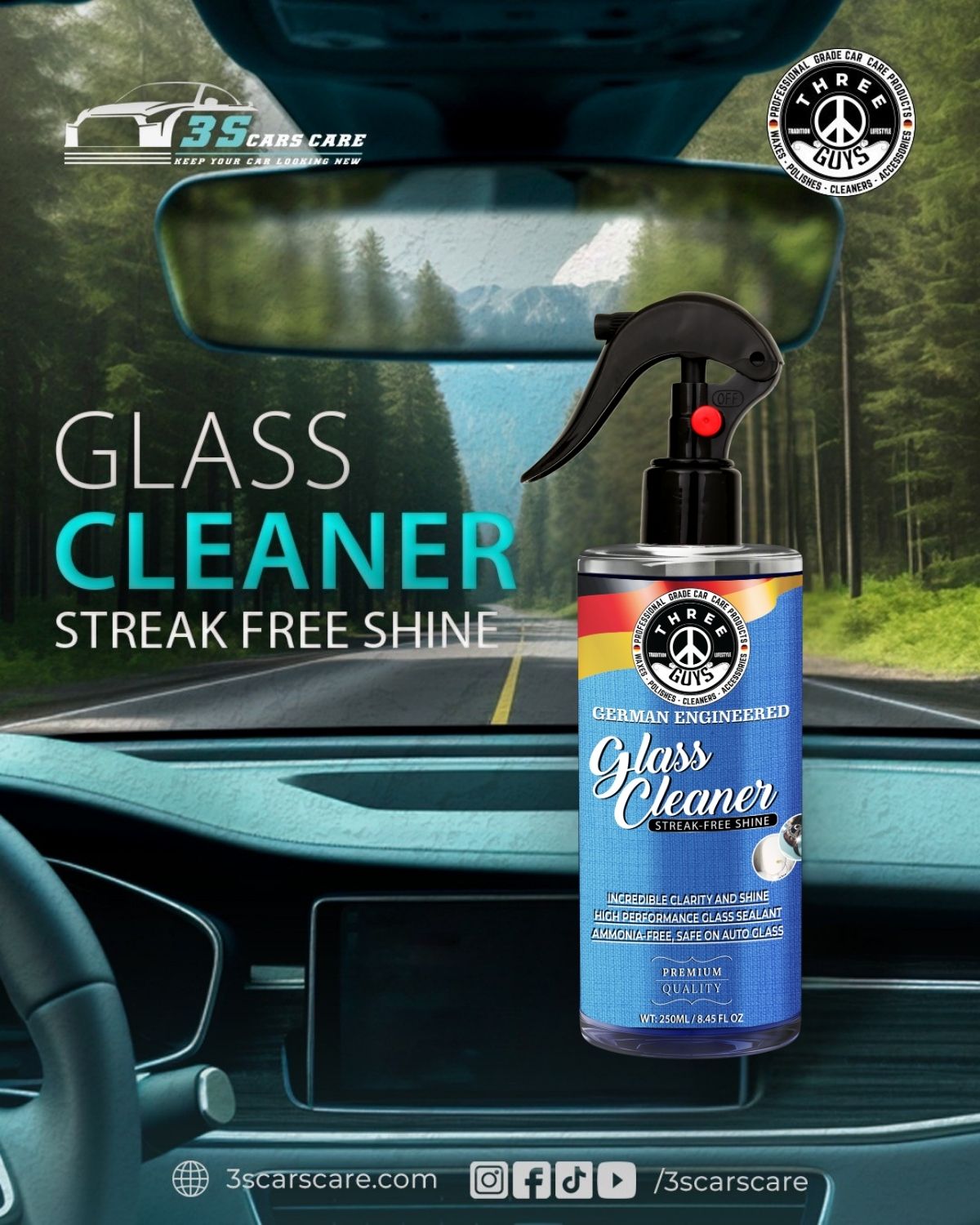 Glass Cleaner Spray – Streak-Free Shine for Car & Home – 250ml | THREE GUYS - German Engineered
