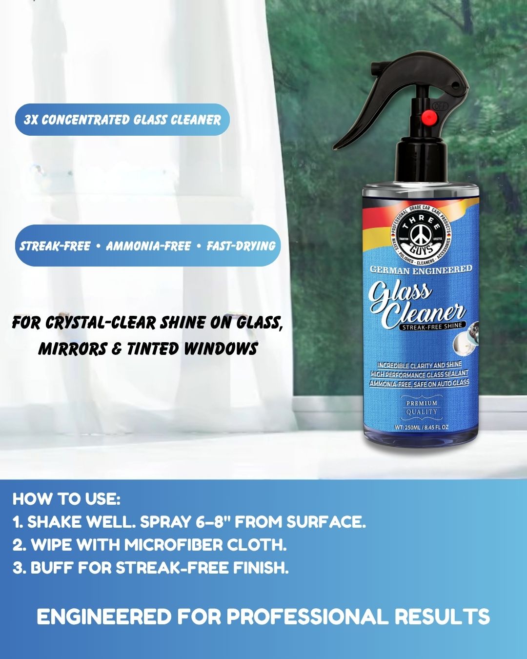 Glass Cleaner Spray – Streak-Free Shine for Car & Home – 250ml | THREE GUYS - German Engineered