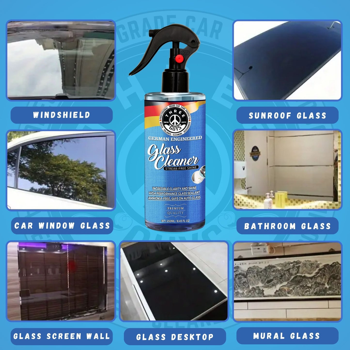 Glass Cleaner Spray – Streak-Free Shine for Car & Home – 250ml | THREE GUYS - German Engineered