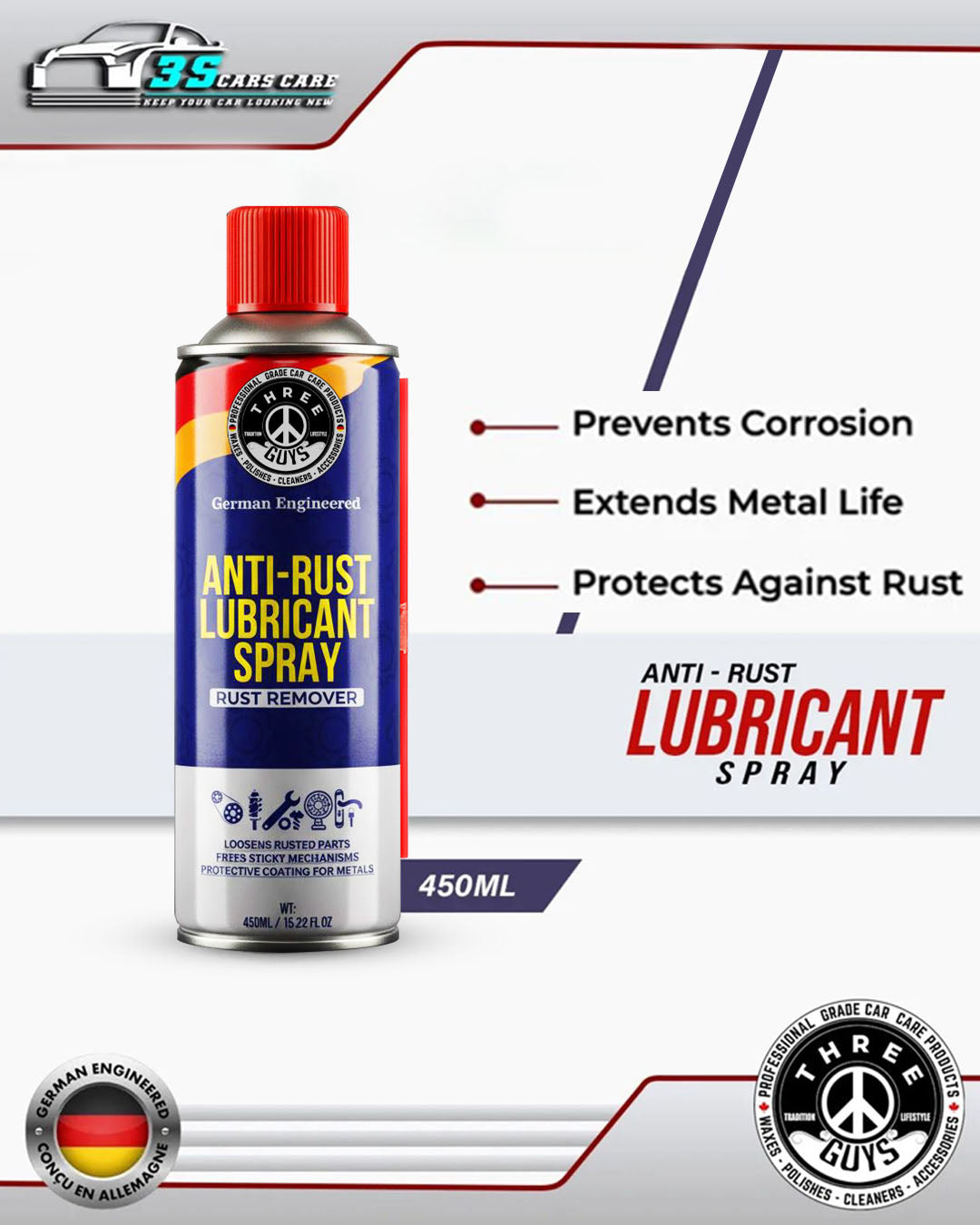 Anti-Rust Lubricant Spray - 450ml | Penetrating Oil, Rust Remover & Multi-Purpose De-Rust Spray | THREE GUYS - German Engineered