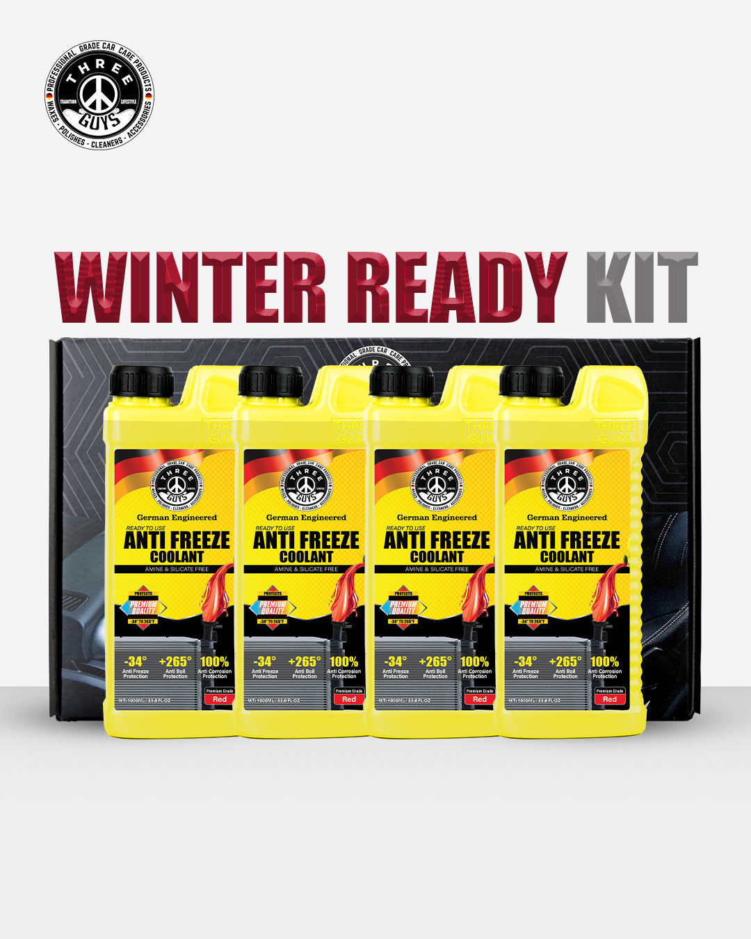 THREE GUYS Winter Ready Antifreeze Coolant Kit – 4 × 1L Pack